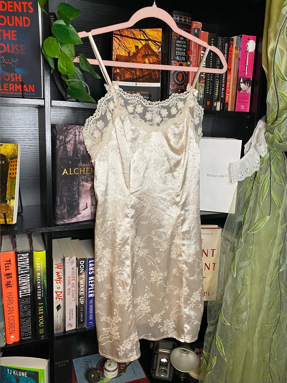 Elegant Cottagecore Cream Satin Floral Embellished Lace Crochet Trim Slip Dress